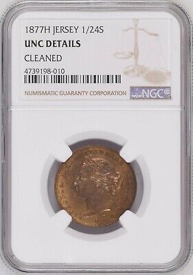 Jersey, Bronze 1/24 of a Shilling, 1877H, Victoria, NGC UNC Details / Cleaned