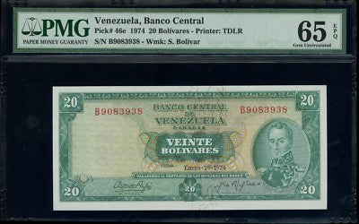 Caracas, Venezuela, 20 Bolivares, 29-1-1974, PMG Gem UNC 65 EPQ, SCWPM-46e