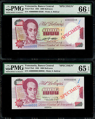 Venezuela Banco Central Specimen 1000 Bolivare Accent Error Pair PMG 66 & 65 EPQ