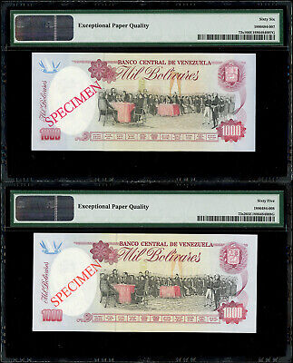 Venezuela Banco Central Specimen 1000 Bolivare Accent Error Pair PMG 66 & 65 EPQ