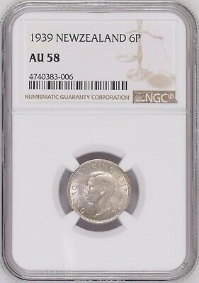 New Zealand, Silver Sixpence, 1939, George VI, NGC AU 58, KM-8