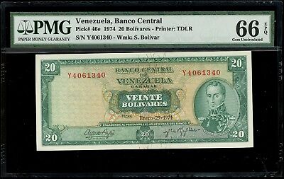 Caracas, Venezuela, 20 Bolivares, 29-1-1974, PMG Gem UNC 66 EPQ, SCWPM-46e