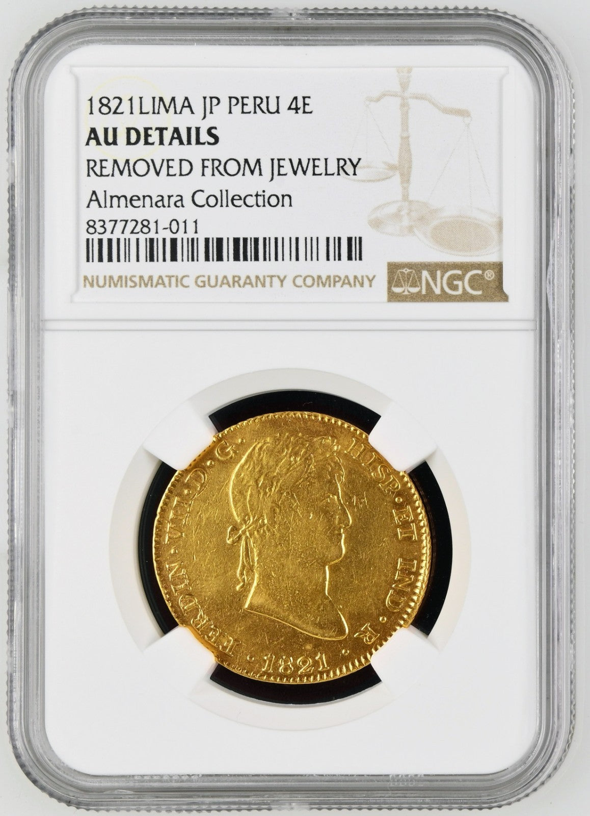 PERU Lima Gold Bust 4 Escudos Ferdinand VII 1821 JP NGC AU Details KM-128