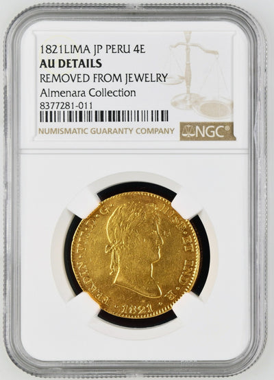 PERU Lima Gold Bust 4 Escudos Ferdinand VII 1821 JP NGC AU Details KM-128