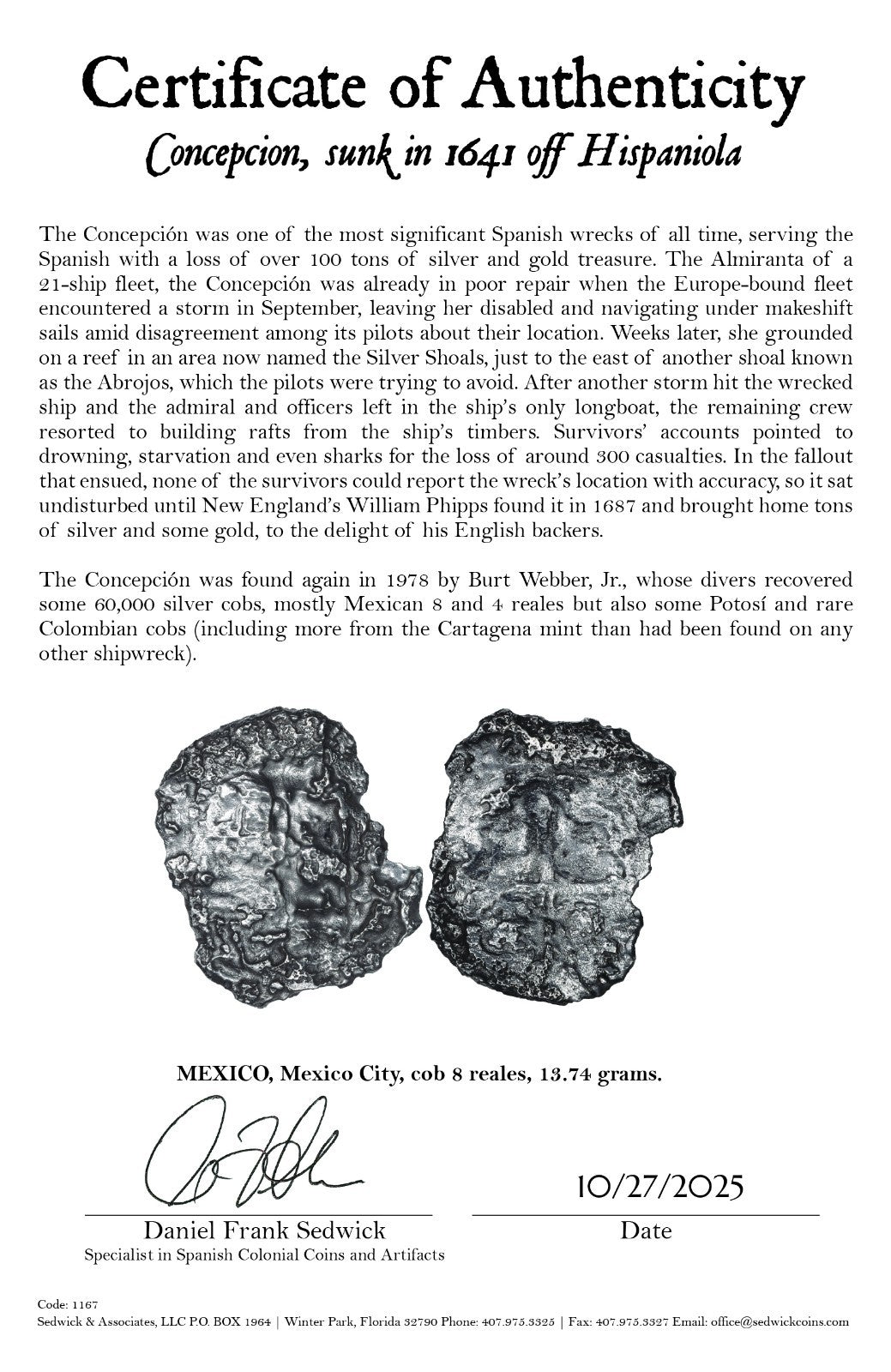 Concepcion Shipwreck (1641) MEXICO Mexico City Silver Cob 8 Reales with COA 1167