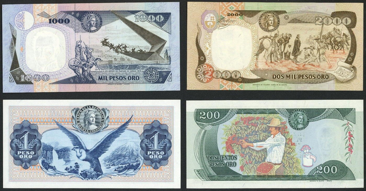 Four (4) Bogota, Colombia, Banco de la Republica, 2,000-1 Pesos Oro, 1974-92