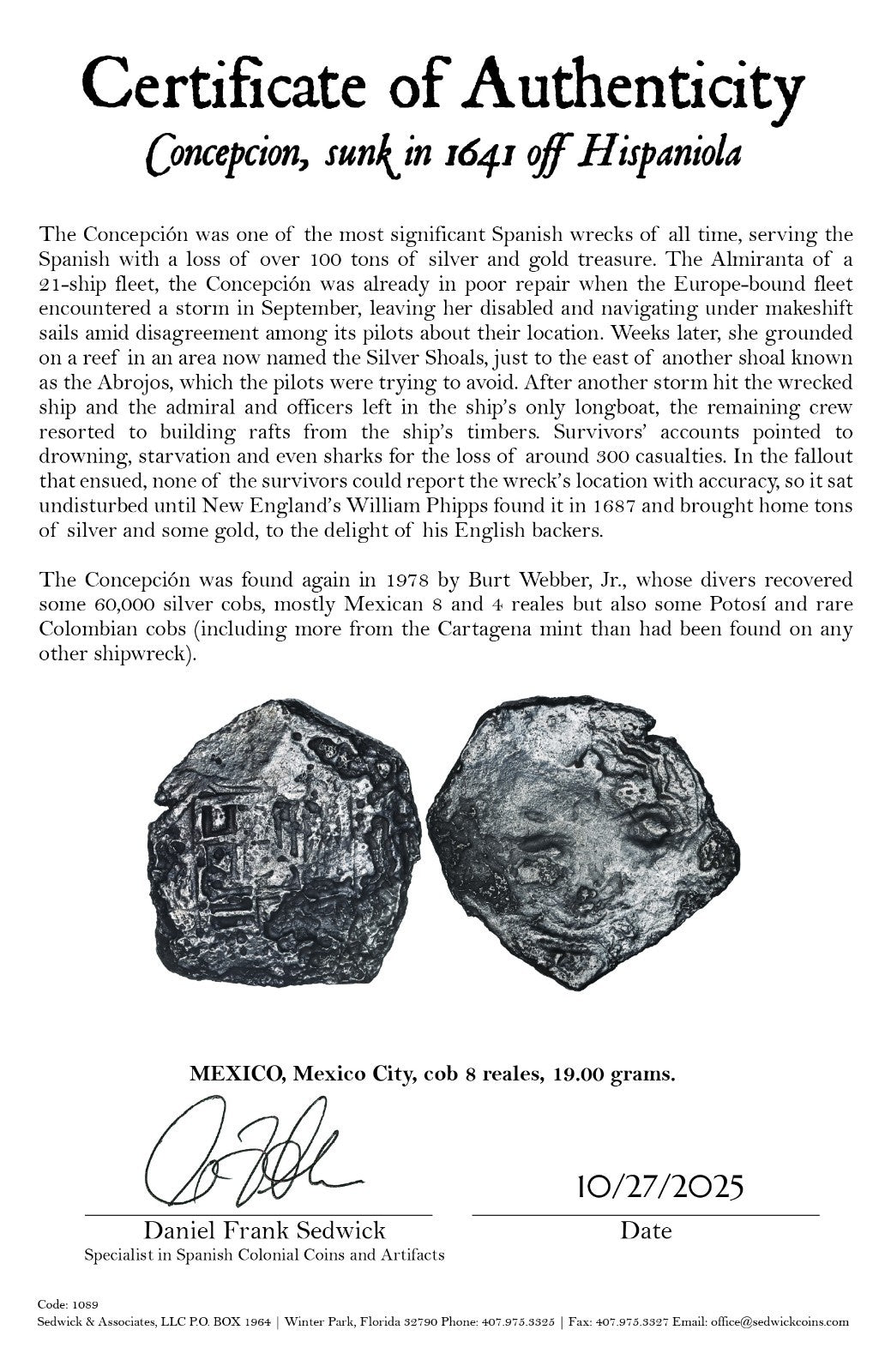 Concepcion Shipwreck (1641) MEXICO Mexico City Silver Cob 8 Reales with COA 1089