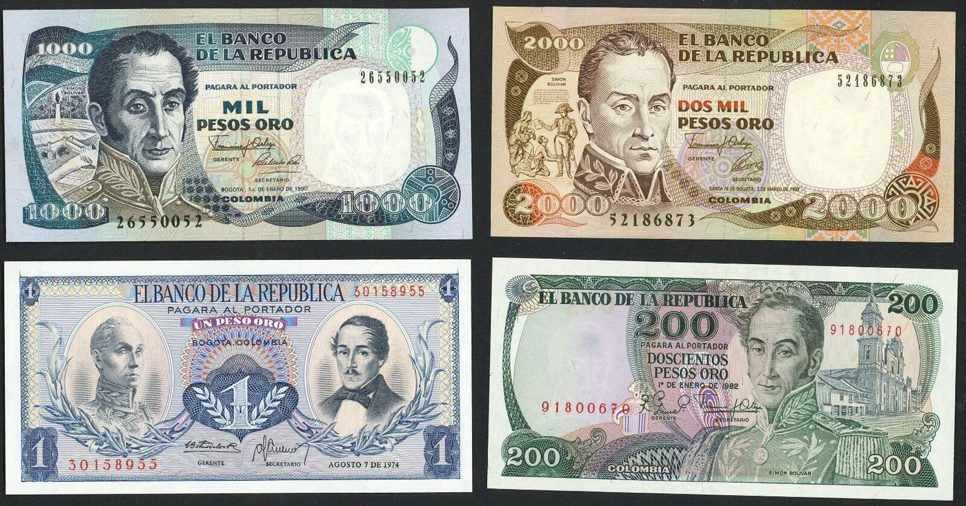 Four (4) Bogota, Colombia, Banco de la Republica, 2,000-1 Pesos Oro, 1974-92