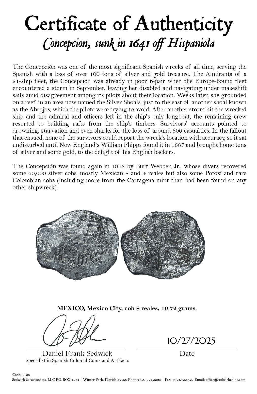 Concepcion Shipwreck (1641) MEXICO Mexico City Silver Cob 8 Reales with COA 1108