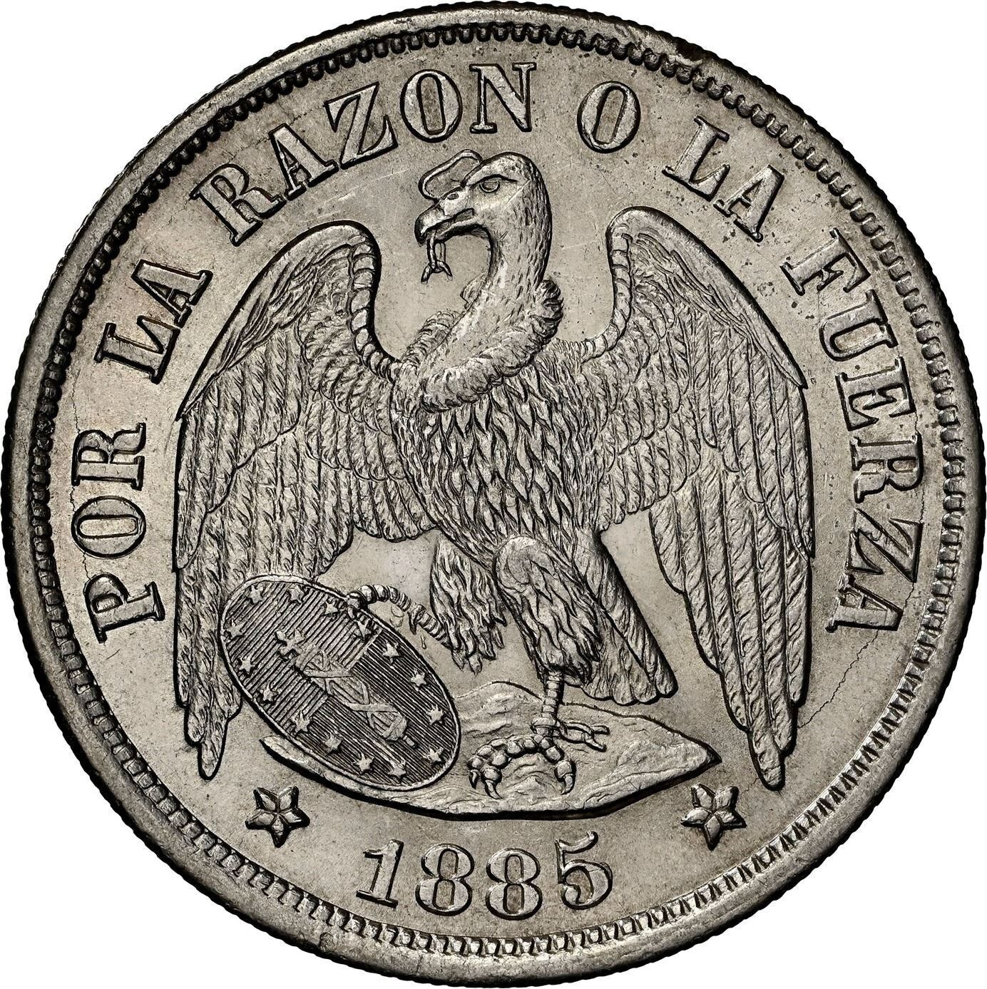 CHILE Santiago Silver Condor Peso 1885/3 Overdate NGC MS 63 KM-142.1