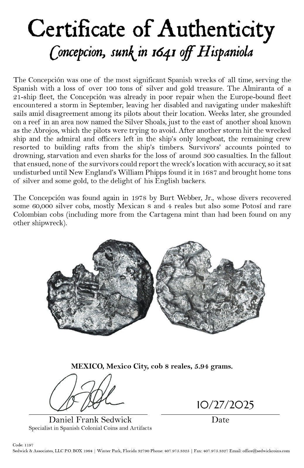 Concepcion Shipwreck (1641) MEXICO Mexico City Silver Cob 8 Reales with COA 1197