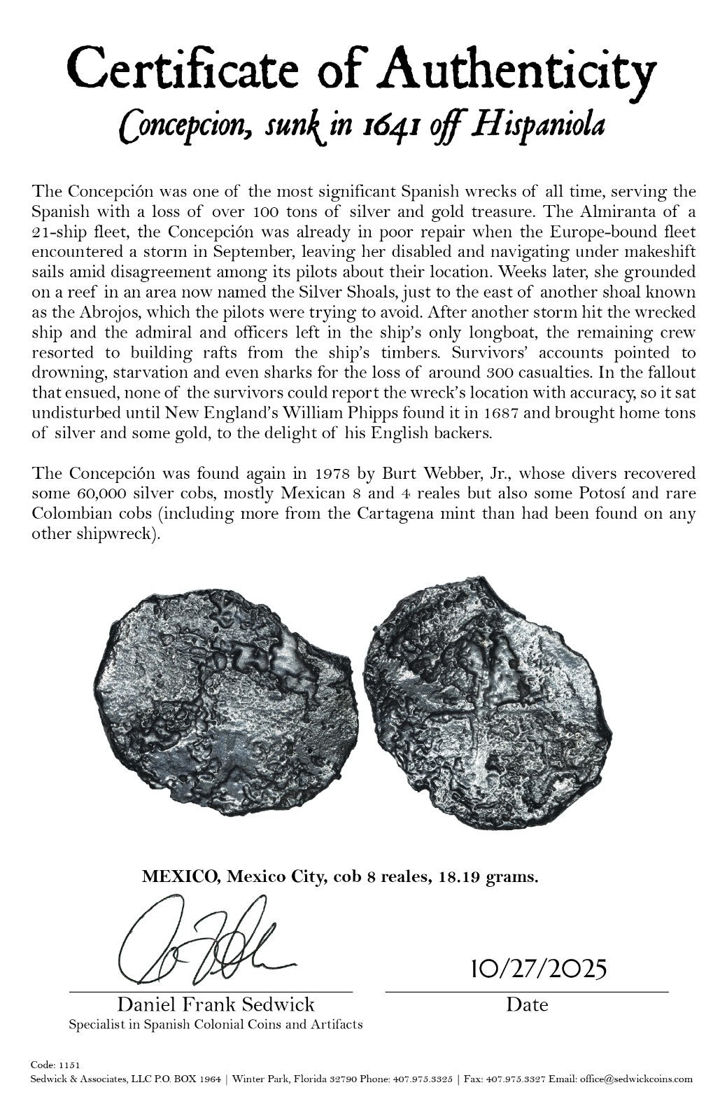 Concepcion Shipwreck (1641) MEXICO Mexico City Silver Cob 8 Reales with COA 1151