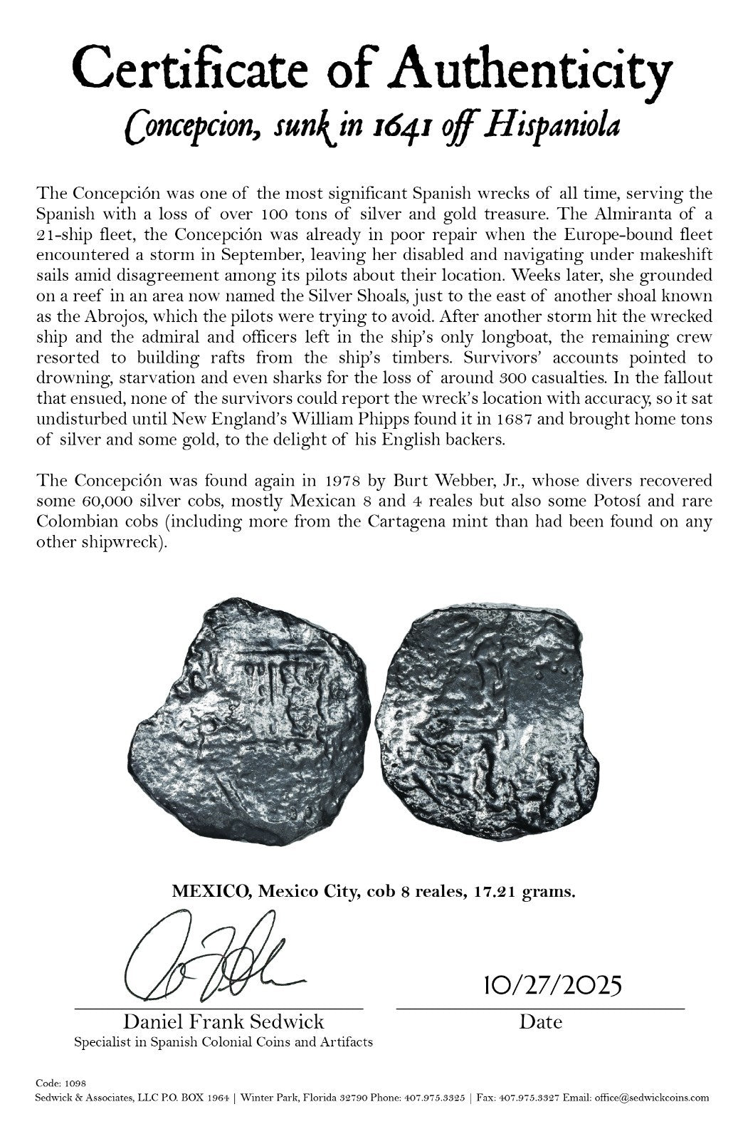 Concepcion Shipwreck (1641) MEXICO Mexico City Silver Cob 8 Reales with COA 1098