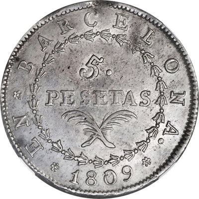 SPAIN, Barcelona, 5 pesetas, Joseph Napoleon, 1809, NGC MS 62.