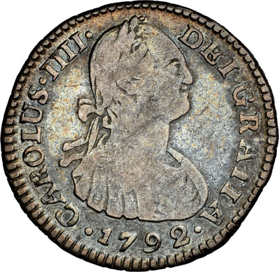 COLOMBIA, Bogotá, bust 1 real, Charles IV, 1792 J•J, no • in mintmark, NGC F 15