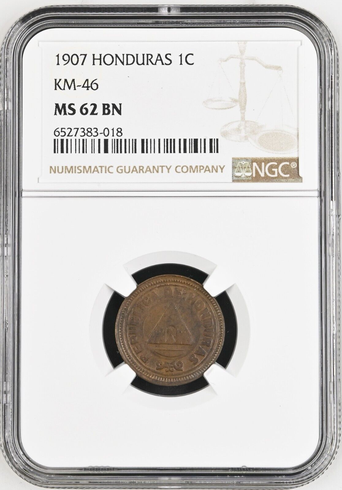 Honduras Bronze 1 Centavo 1907 Large UN Plain Edge NGC MS62 Brown