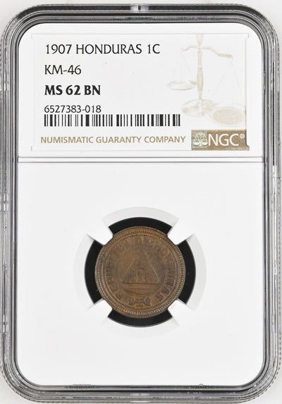 Honduras Bronze 1 Centavo 1907 Large UN Plain Edge NGC MS62 Brown