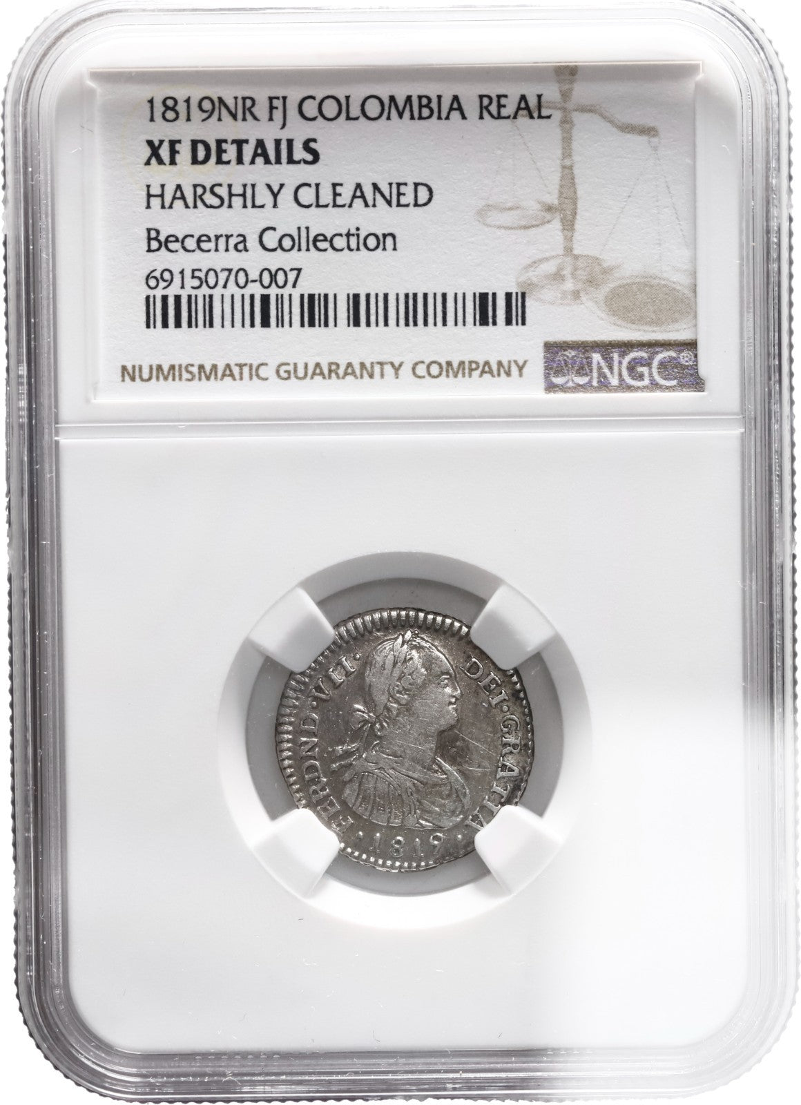 COLOMBIA, Bogotá, bust 1 real, Ferdinand VII (bust of Charles IV), 1819 FJ, NGC
