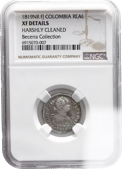 COLOMBIA, Bogotá, bust 1 real, Ferdinand VII (bust of Charles IV), 1819 FJ, NGC