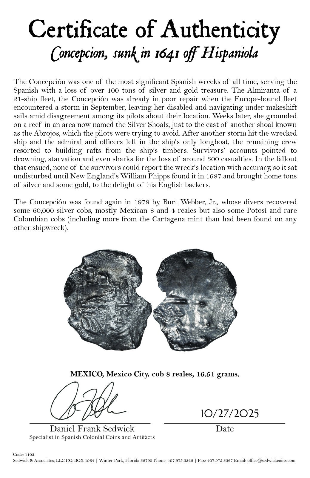 Concepcion Shipwreck (1641) MEXICO Mexico City Silver Cob 8 Reales with COA 1103