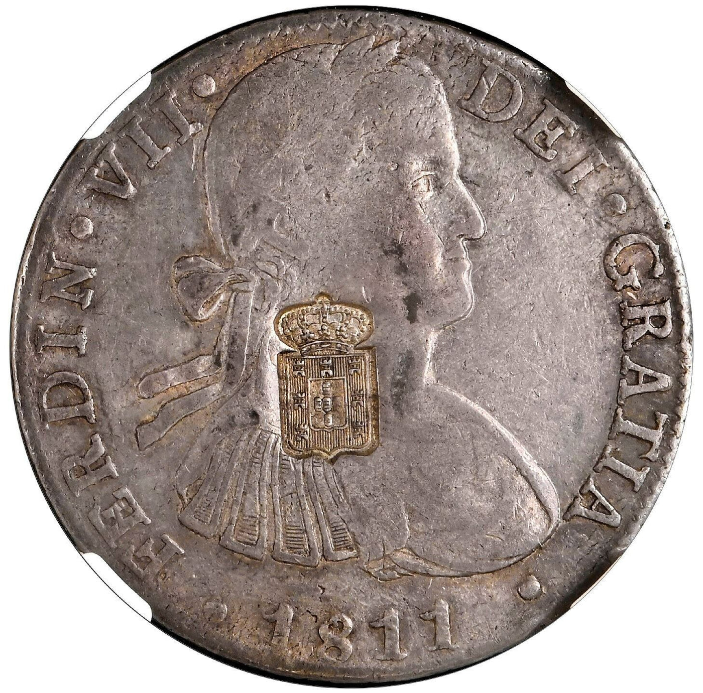 PORTUGAL 870 Reis Countermark (1834) on Mexico 1811 HJ 8R NGC VF 35 Ex-Hubbard