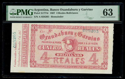 ARGENTINA Gualeguaychu Banco Oxandaburu 4 Reales 1867 PMG UNC 63 ex-Bauman