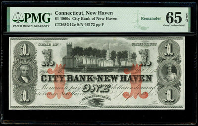 New Haven Connecticut $1 City Bank of New Haven 1860s PMG Gem UNC 65 EPQ