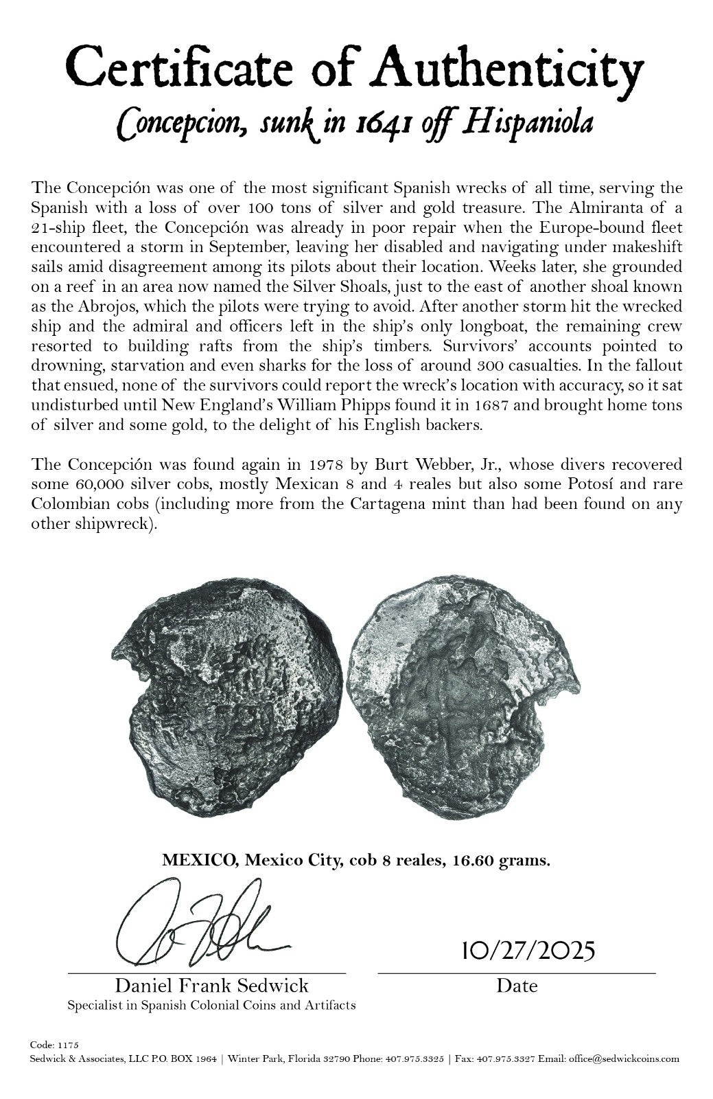 Concepcion Shipwreck (1641) MEXICO Mexico City Silver Cob 8 Reales with COA 1175