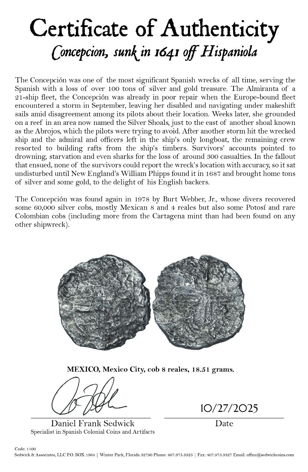 Concepcion Shipwreck (1641) MEXICO Mexico City Silver Cob 8 Reales with COA 1100