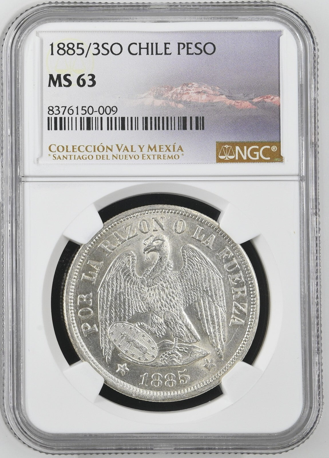 CHILE Santiago Silver Condor Peso 1885/3 Overdate NGC MS 63 KM-142.1