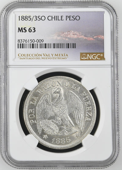 CHILE Santiago Silver Condor Peso 1885/3 Overdate NGC MS 63 KM-142.1