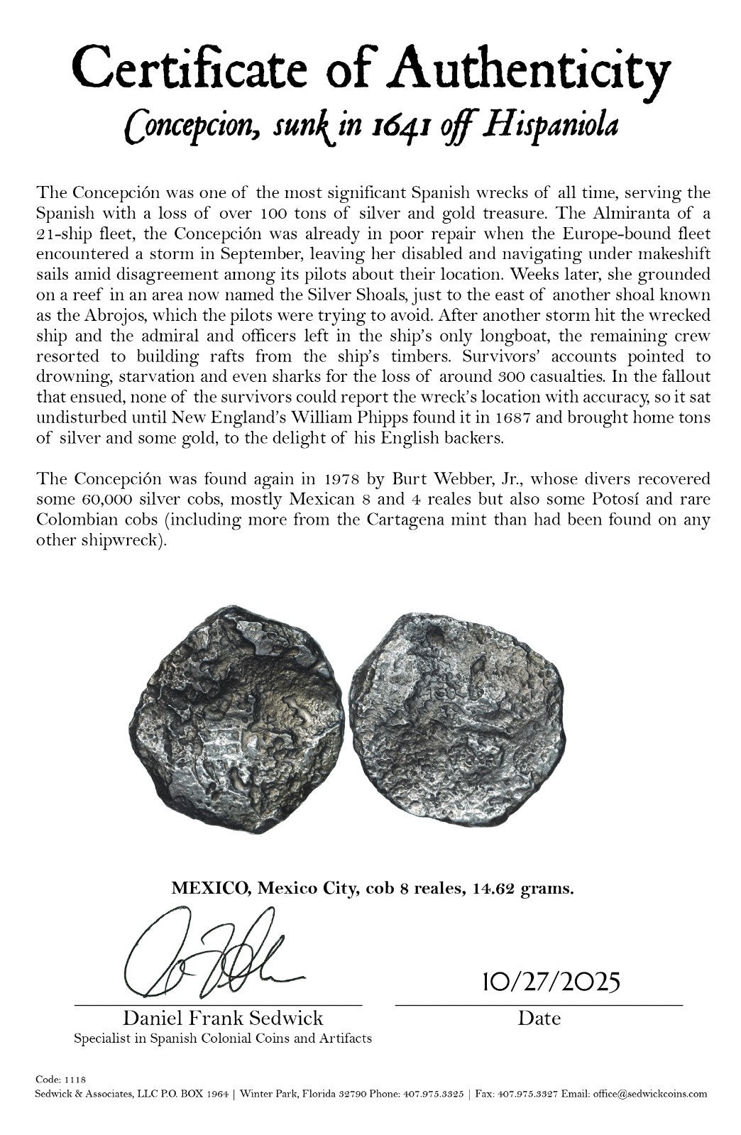Concepcion Shipwreck (1641) MEXICO Mexico City Silver Cob 8 Reales with COA 1118