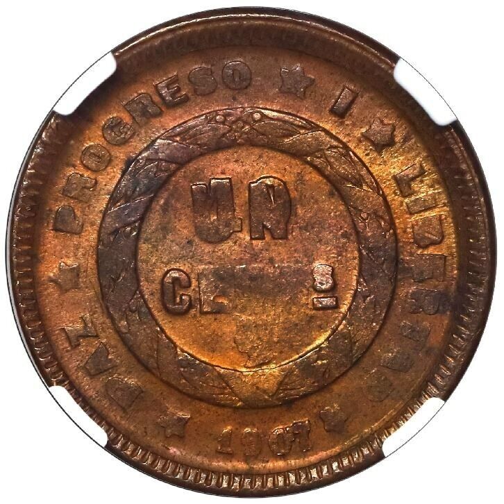 Honduras Bronze 1 Centavo 1907 Large UN Plain Edge NGC MS62 Brown