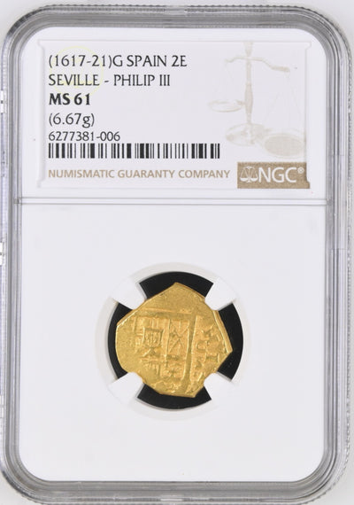 SPAIN, Seville, gold cob 2 escudos, Philip III, assayer G ABOVE mintmark S