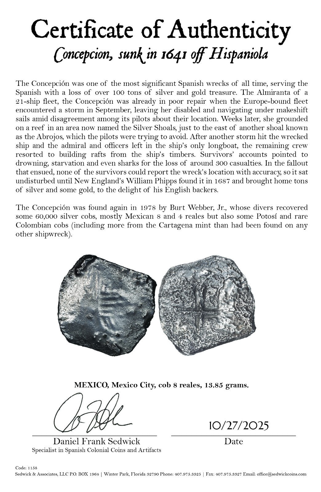 Concepcion Shipwreck (1641) MEXICO Mexico City Silver Cob 8 Reales with COA 1158