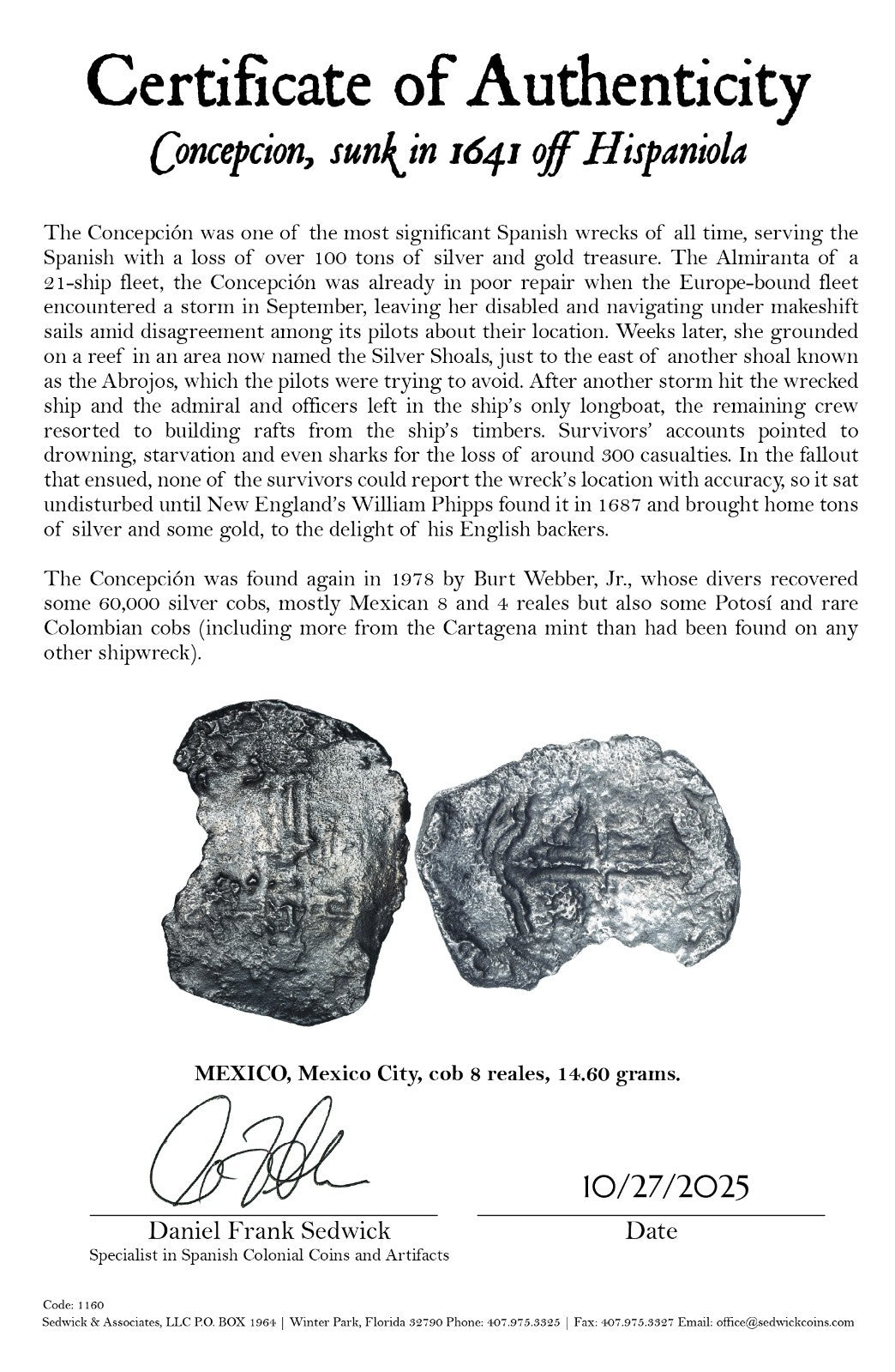 Concepcion Shipwreck (1641) MEXICO Mexico City Silver Cob 8 Reales with COA 1160