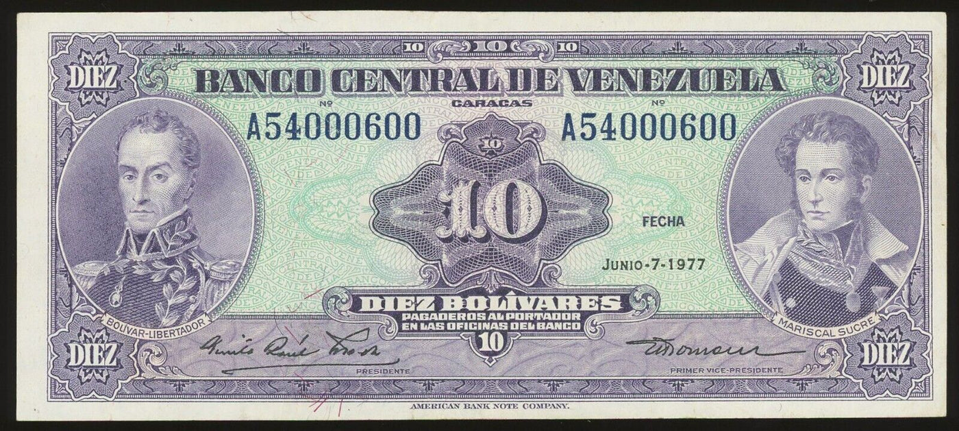 Caracas Venezuela Banco Central 10 Bolivares 7-6-1977 Neat Serial # Pick-51d