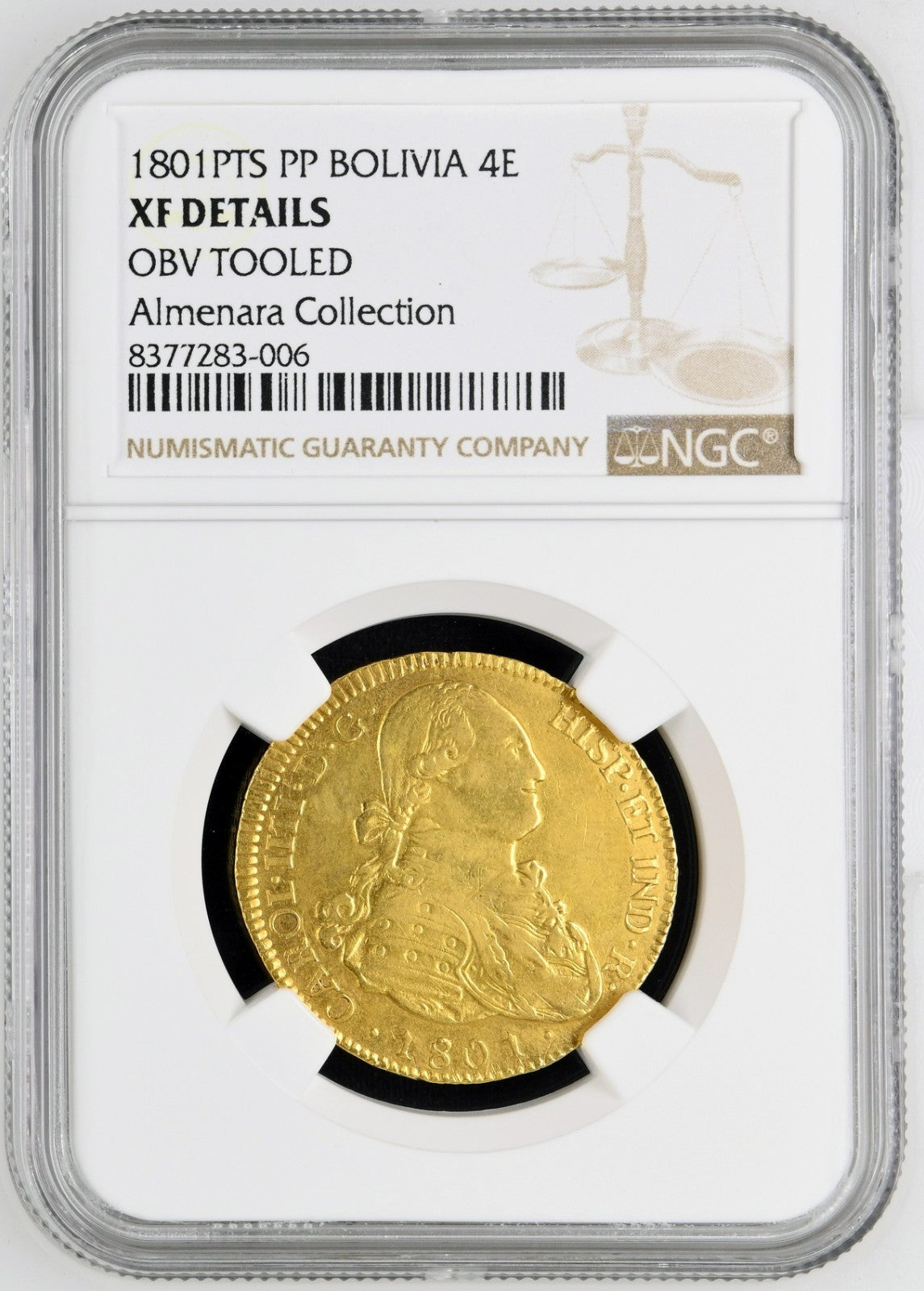 BOLIVIA Potosí Gold Bust 4 Escudos Charles IV 1801 PP NGC XF Details Rare Date
