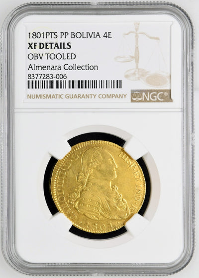 BOLIVIA Potosí Gold Bust 4 Escudos Charles IV 1801 PP NGC XF Details Rare Date