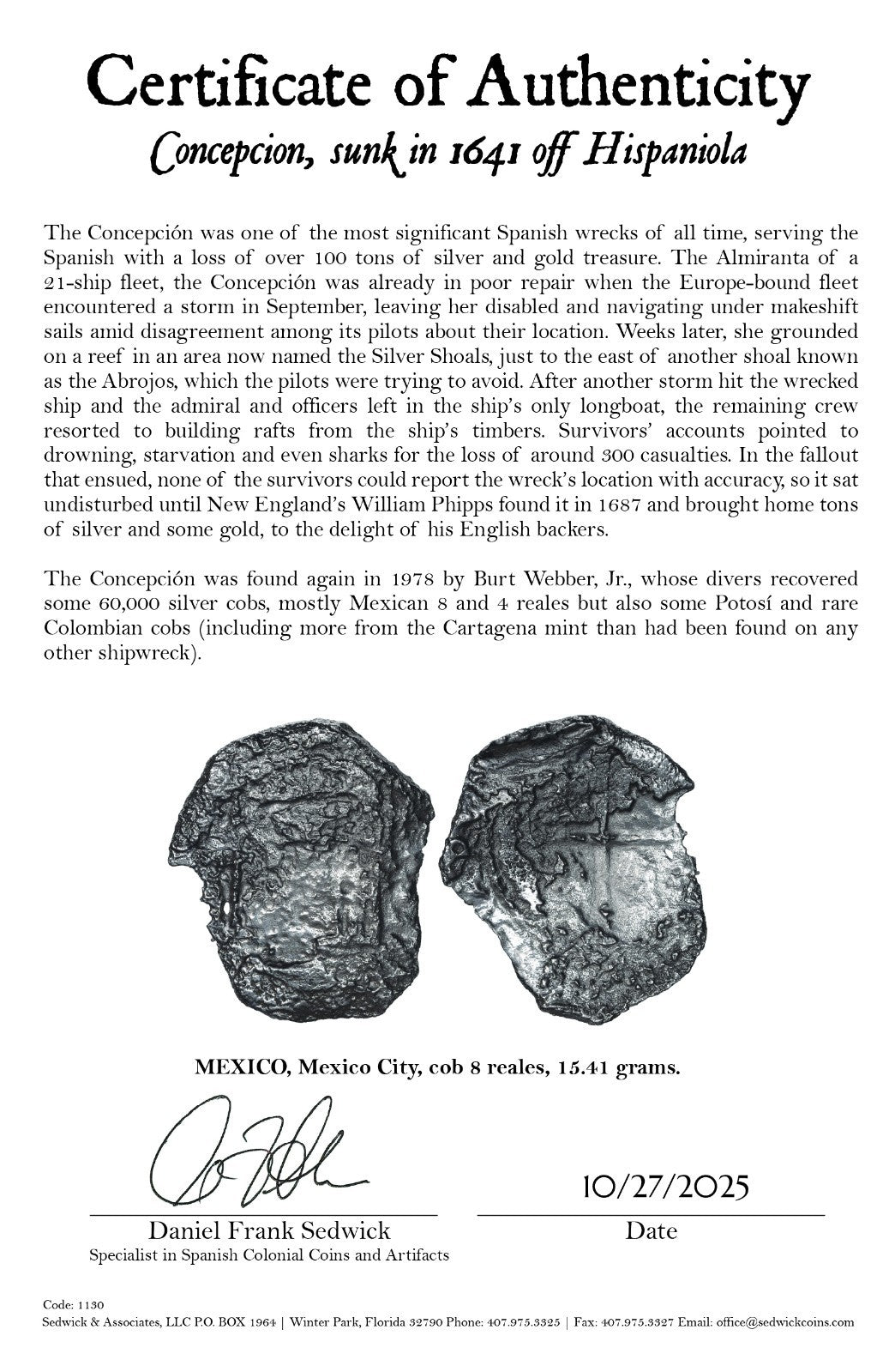 Concepcion Shipwreck (1641) MEXICO Mexico City Silver Cob 8 Reales with COA 1130