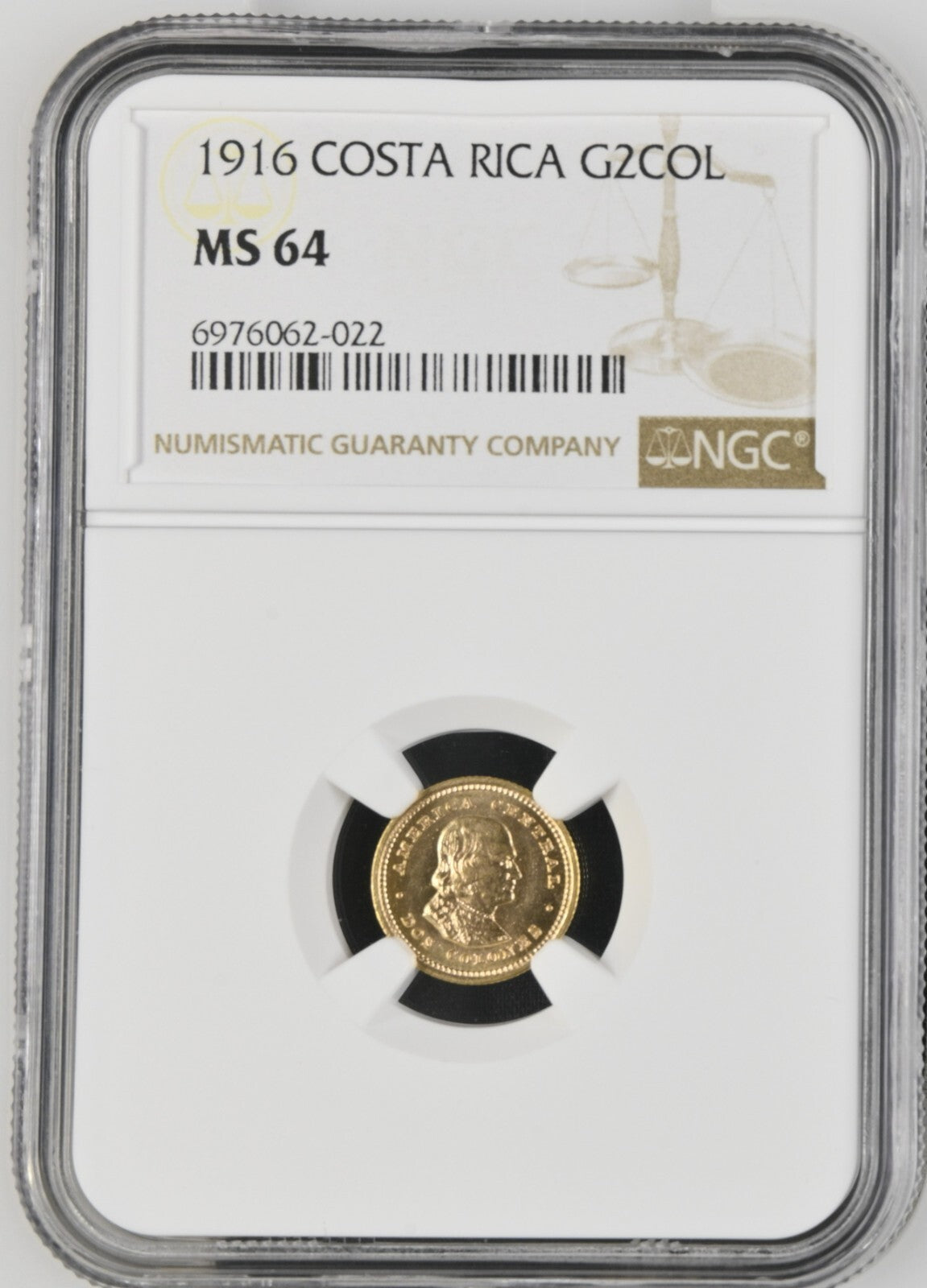 COSTA RICA (struck at Philadelphia Mint) Gold 2 Colones 1916 NGC MS 64 KM-139