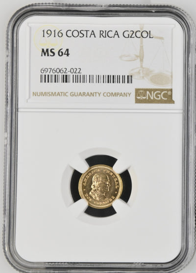COSTA RICA (struck at Philadelphia Mint) Gold 2 Colones 1916 NGC MS 64 KM-139