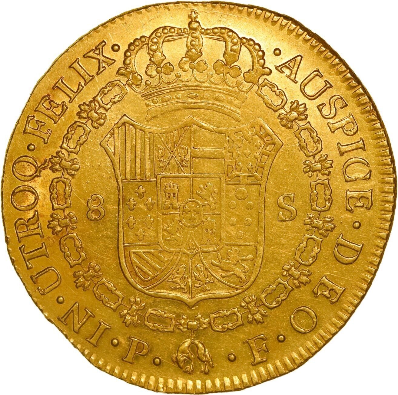 COLOMBIA, Popayán, gold bust 8 escudos, Ferdinand VII (bust of Charles IV), 1816