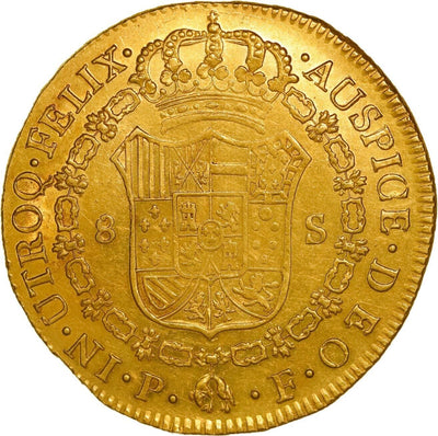 COLOMBIA, Popayán, gold bust 8 escudos, Ferdinand VII (bust of Charles IV), 1816