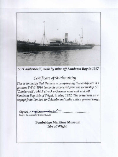 INDIA Calcutta 10 Rupees 25-11-1916 AC 48 80707 Camberwell Shipwreck w/ COA