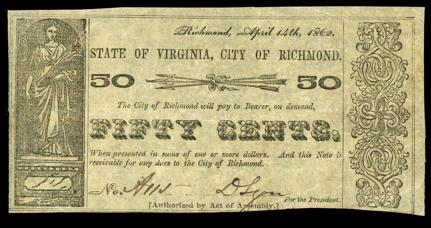 Richmond Virginia City of Richmond 50 Cents Apr. 14, 1862 Civil War Note