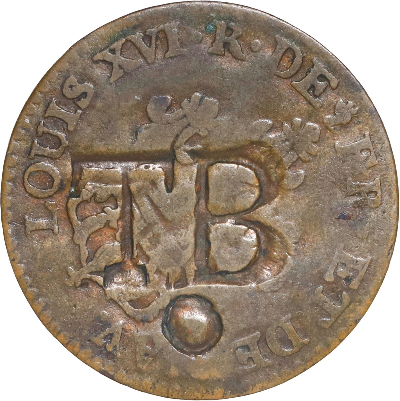 TOBAGO, copper "black dogg" (three halfpence) incuse TB/o countermark