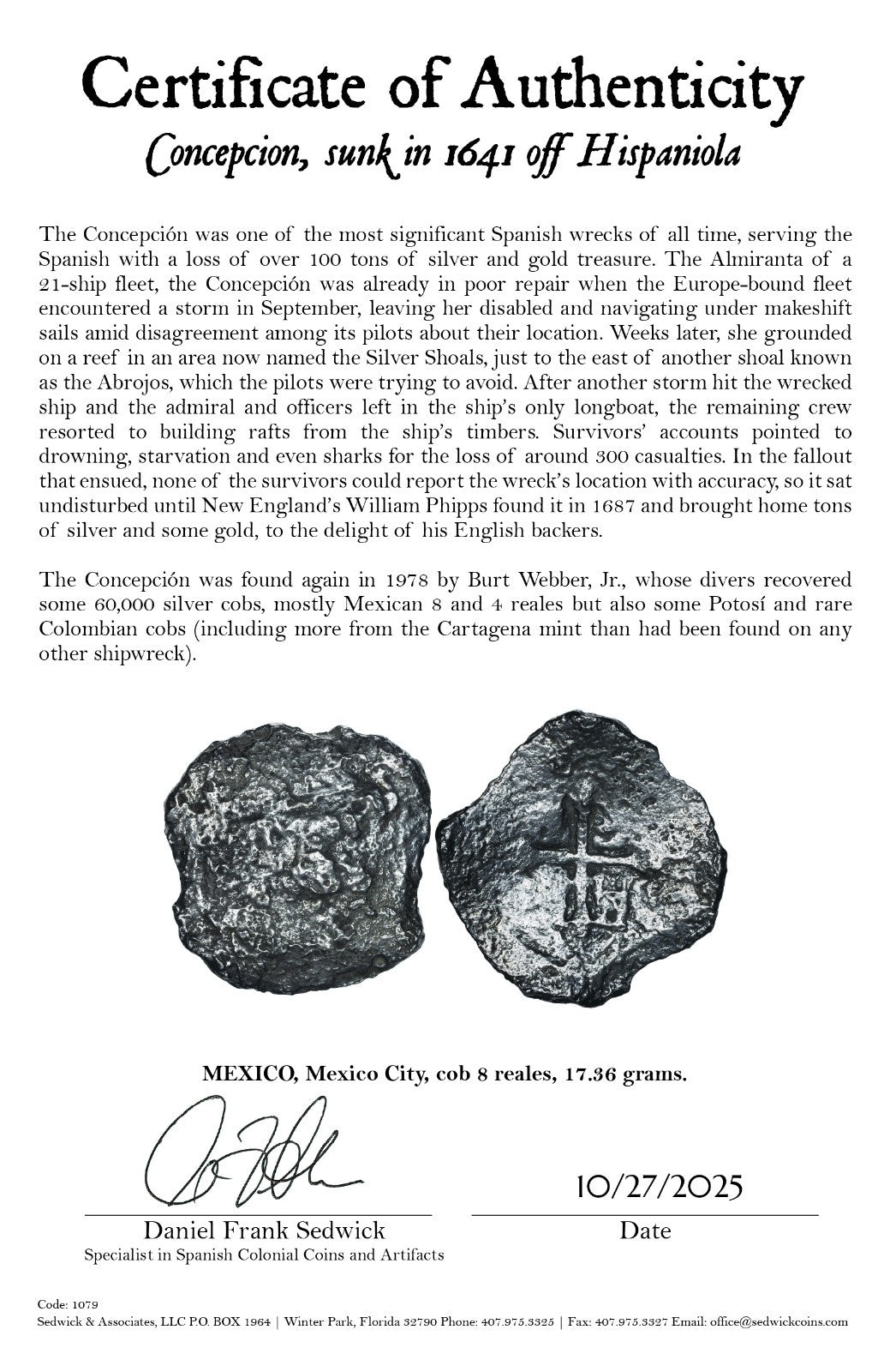 Concepcion Shipwreck (1641) MEXICO Mexico City Silver Cob 8 Reales with COA 1079