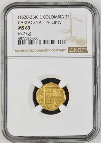 COLOMBIA, Cartagena, gold cob 2 escudos, (1634), assayer E NGC MS 63