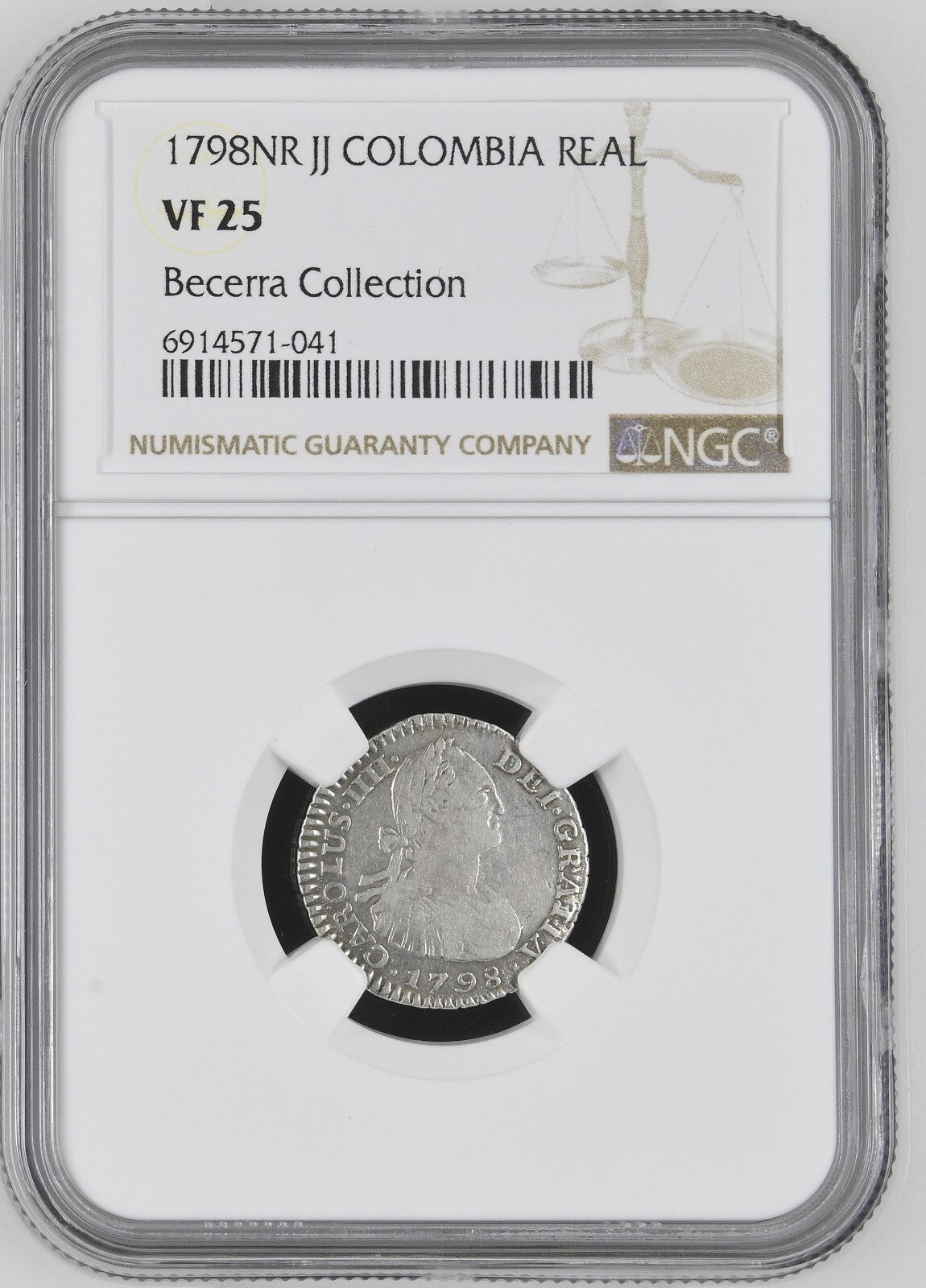 COLOMBIA, Bogotá, bust 1 real, Charles IV, 1798 J J, mintmark N•R, NGC VF 25